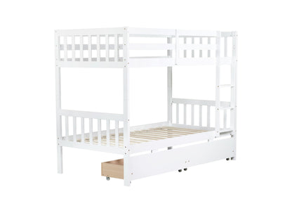 MERITLINE Wood Bunk Bed with Drawers, Convertible Bunk Bed with Ladders and Two Storage Drawers, Solid Wood Detachable Bedframe with Guardrails, Twin Over Twin, White