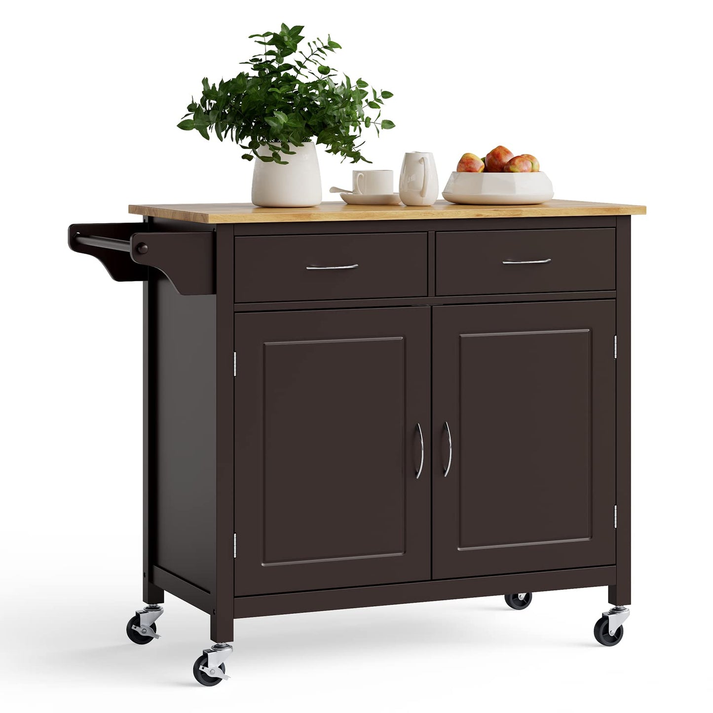 MEDIMALL Rolling Kitchen Island Cart, Utility Serving Cart with Drawers, Adjustable Shelf & Towel Rack, Mobile Island Table, Wooden Storage Trolley for Home, Restaurant & Bar, Rustic Brown