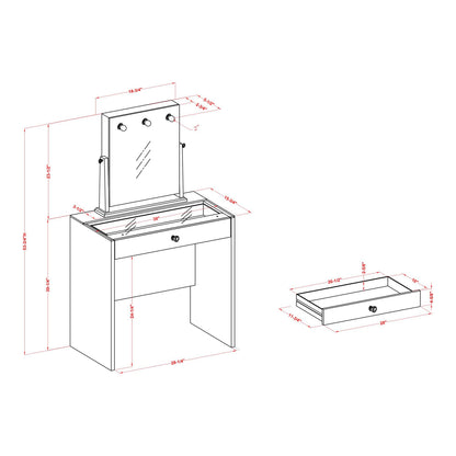 24/7 Shop at Home Peregrine Modern Wood 2-Piece Makeup Vanity Table and Adjustable Lighted Mirror Set with Bulbs, 1 Felt-Lined Drawer for Bedroom, Dressing Room, Bathroom, Guest Room, Luminous White