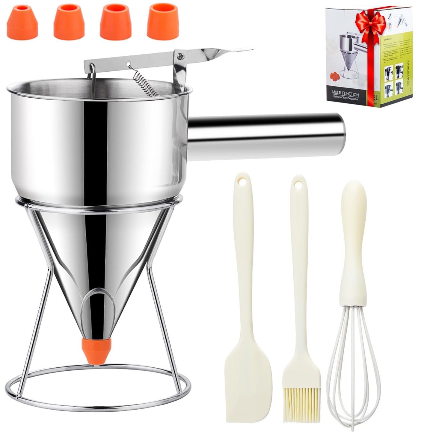 20oz Pancake Batter Dispenser, Stainless Steel Funnel Cake Dispenser with 4 Silicone Nozzles, Perfect for Pancakes, Cupcakes, and Funnel Cakes