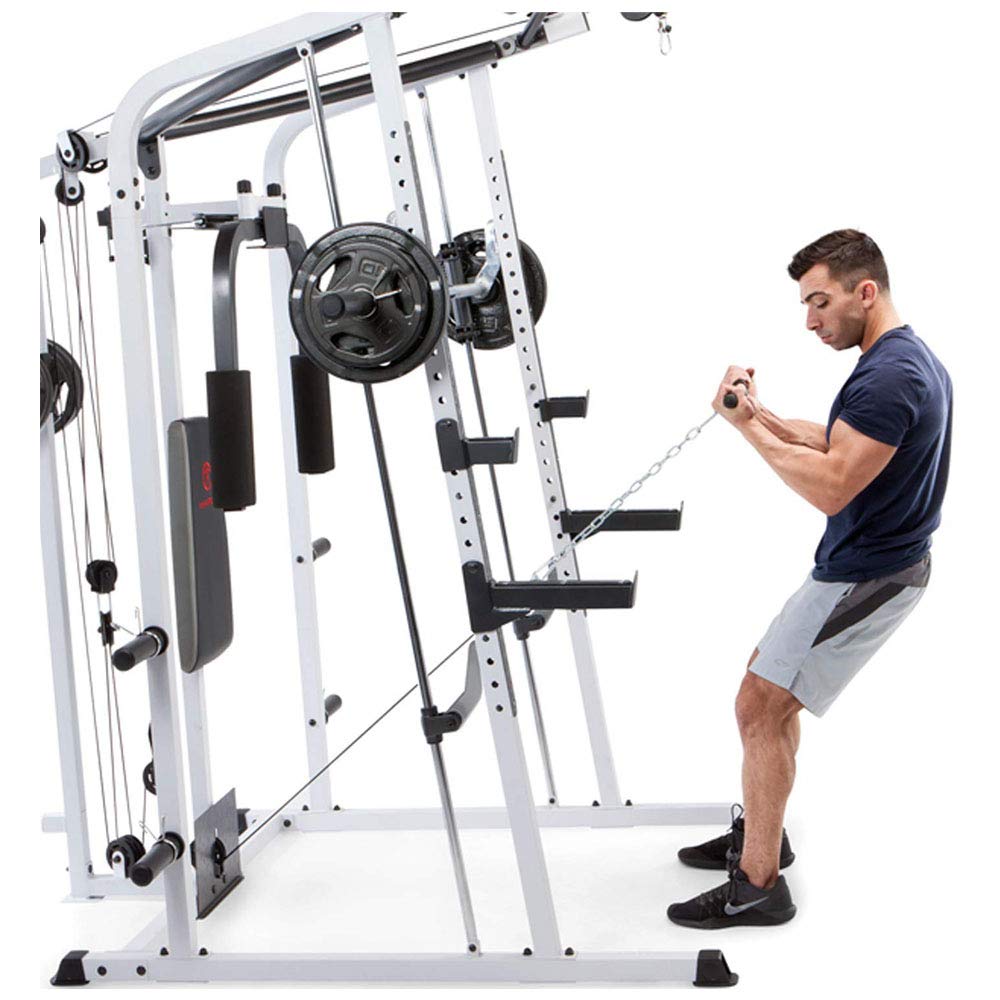 Marcy Pro Smith Cage Workout Machine Full Body Training Home Gym Equipment System with Leg Developer, Press Bar, PEC Deck, and Squat Rack, White