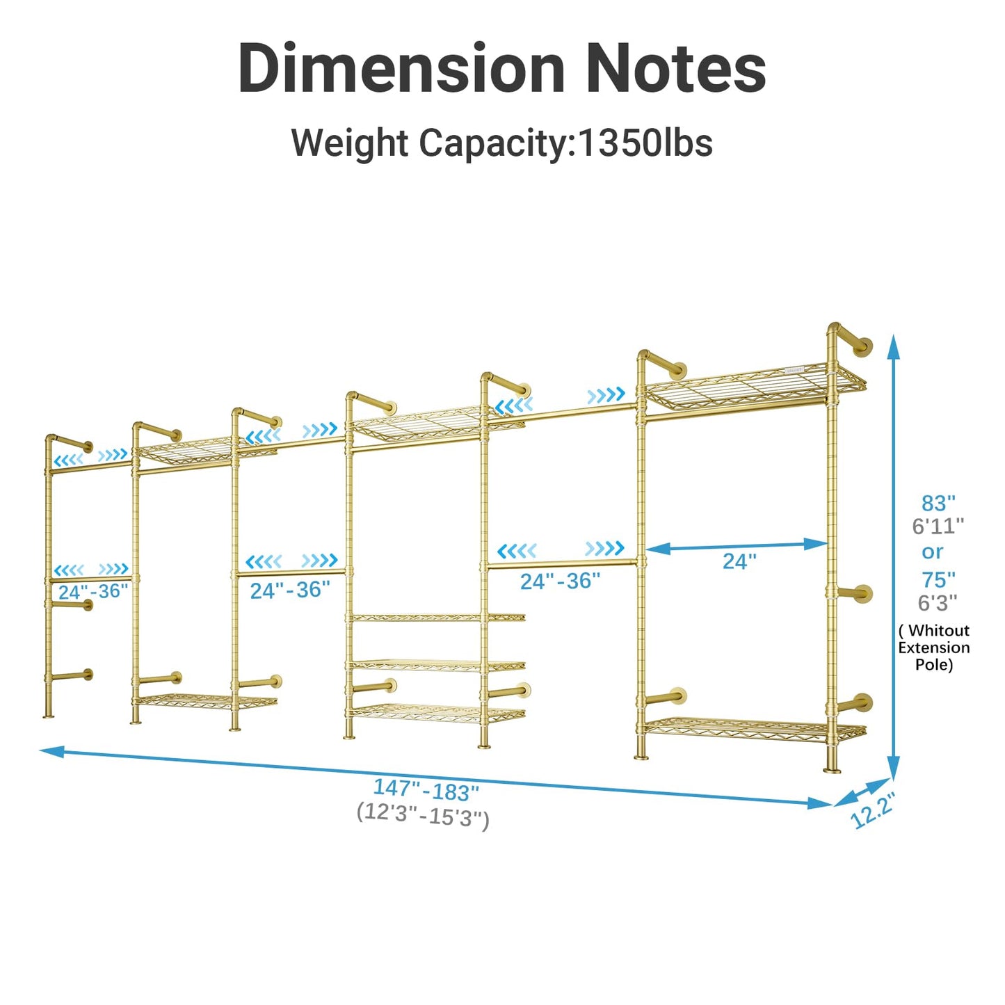 Timate F6 Wall Mounted Clothes Rack - Expandable Industrial Pipe Closet System, Heavy Duty Hanging Garment Rack, Closet Organizer & Storage Solution for Wardrobe, Bedroom,Walk-in Closets,Gold