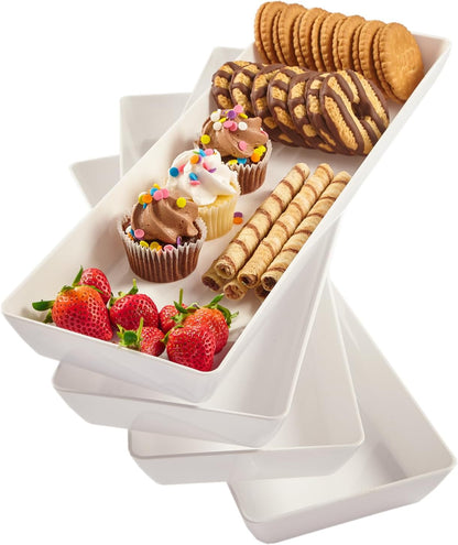 US Acrylic Avant White Plastic Serving Trays - Set of 4, 15” x 5” Narrow Reusable Platters for Appetizers & Desserts