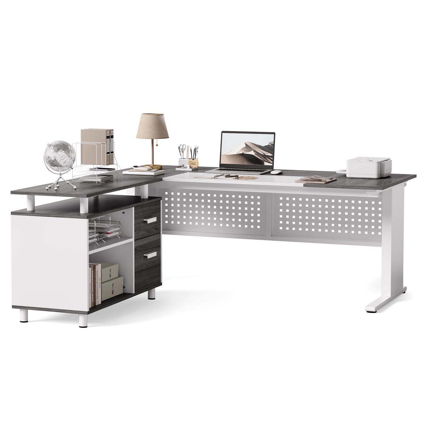LITTLE TREE Large Computer Desk with File Cabinet, 63-Inch Executive Desk L Shaped Office Desk with Drawers and Storage Shelves, Business Furniture Desk Workstation for Home Office (Grey + White)
