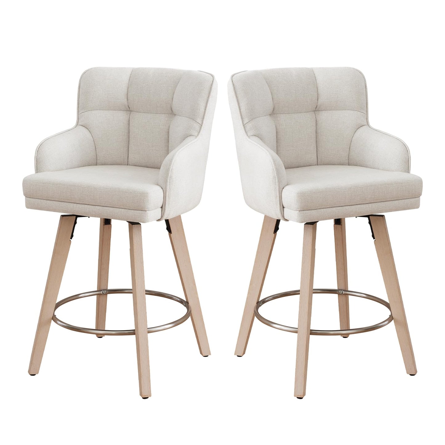 SAECKBERG 360°Swivel Counter Height Bar Stools with Back, 26 inch Solid Wood Legs, Bar Stool Modern Kitchen Island Chairs, Fabric (Beige- Fabric, 26" H- Set of 2)
