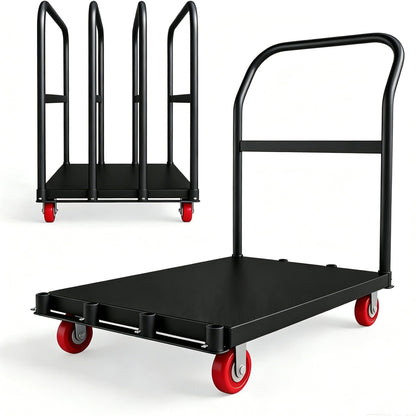 2000lbs Heavy Duty Folding Platform Cart - 37x24 Steel Flatbed - Dual Side Handrails - 5" 360° Swivel Casters (2 Brakes) - Ergonomic Rolling Computer Tower Dolly - Office, Warehouse,