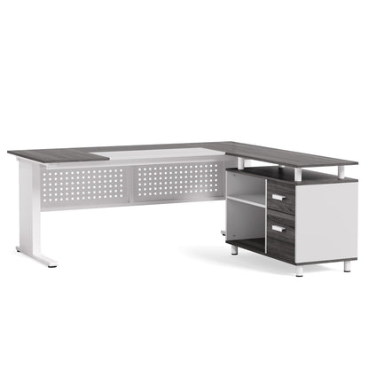 LITTLE TREE Large Computer Desk with File Cabinet, 63-Inch Executive Desk L Shaped Office Desk with Drawers and Storage Shelves, Business Furniture Desk Workstation for Home Office (Grey + White)