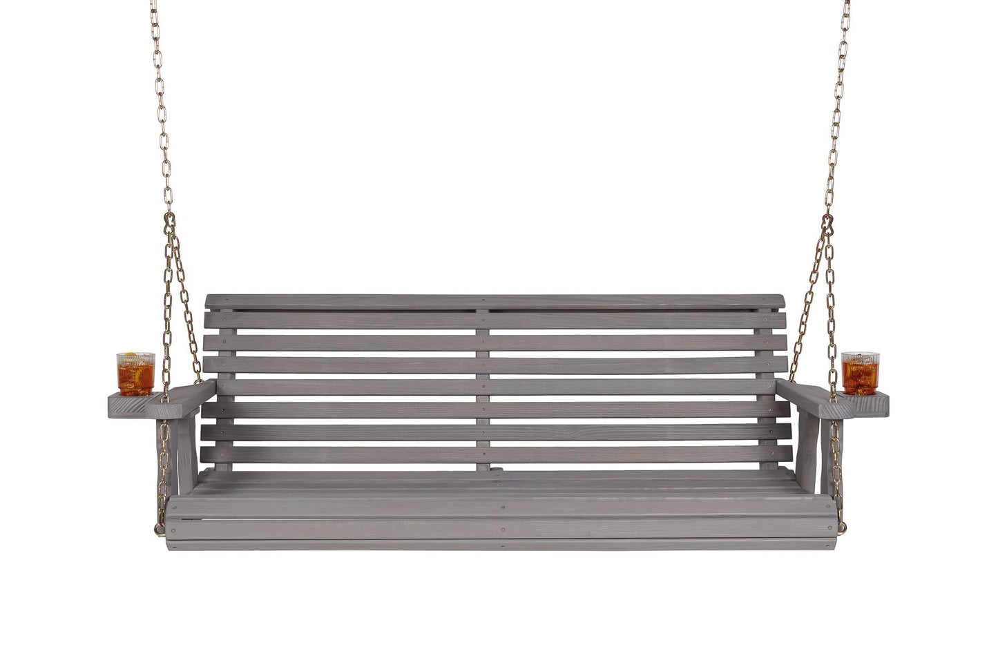 Amish Casual Heavy Duty 700 Lb Capacity Porch Swing with Cup Holders (4 Foot, Semi-Solid Grey Stain) – Wooden Outdoor Roll Back Swing with Hanging Chains – Amish Made in the USA