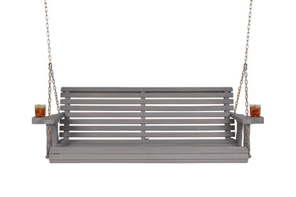 Amish Casual Heavy Duty 700 Lb Capacity Porch Swing with Cup Holders (4 Foot, Semi-Solid Grey Stain) – Wooden Outdoor Roll Back Swing with Hanging Chains – Amish Made in the USA
