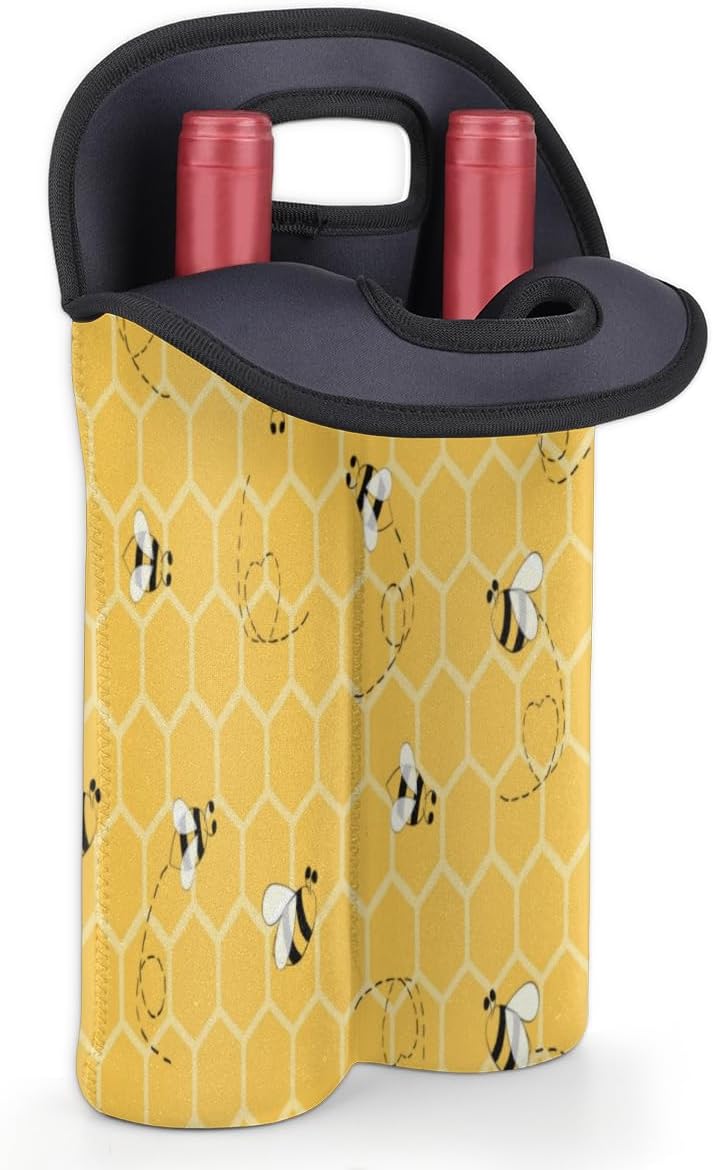 Cute Bees 2 Bottle Wine Carrier Tote Bag, Insulated Neoprene Holder for Picnics, Travel, Great Gift