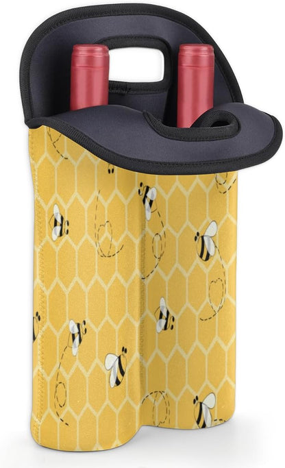 Cute Bees 2 Bottle Wine Carrier Tote Bag, Insulated Neoprene Holder for Picnics, Travel, Great Gift