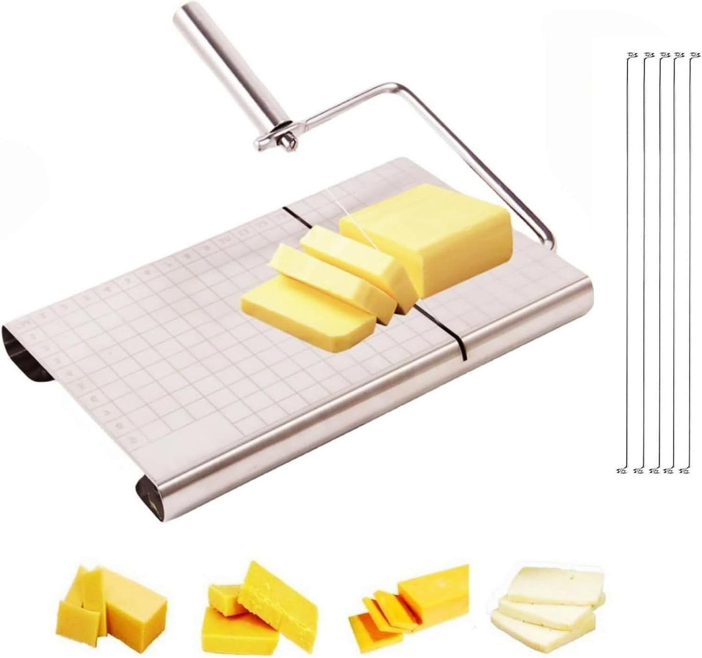 Direvcdro Stainless Steel Cheese Slicer with 5 Replacement Wires Adjustable Cheese Cutter and Cutting Board - For Block Cheese with Precision Scale for Gadget，Charcuterie etc