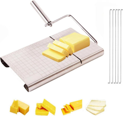 Direvcdro Stainless Steel Cheese Slicer with 5 Replacement Wires Adjustable Cheese Cutter and Cutting Board - For Block Cheese with Precision Scale for Gadget，Charcuterie etc