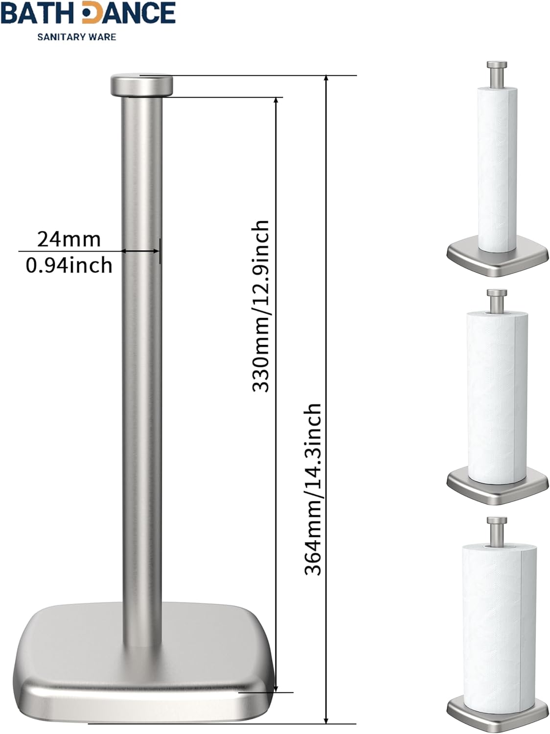Paper Towel Holder Countertop, Standing Weighted Base Non-Slip Dispenser for Most Size Paper Rolls, Stainless Steel