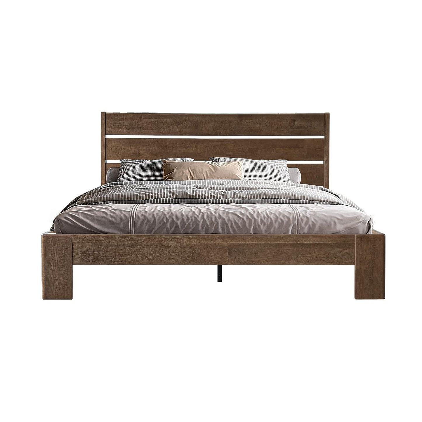 Full Size Solid Wood Platform Bed Frame, Headboard & Footboard, 12 Heavy-Duty Slatted Design, Center Metal Legs, Easy Assembly, No Box Spring Needed, Anti-Noise & Slip-Free, Barnwood Finish QIF-30
