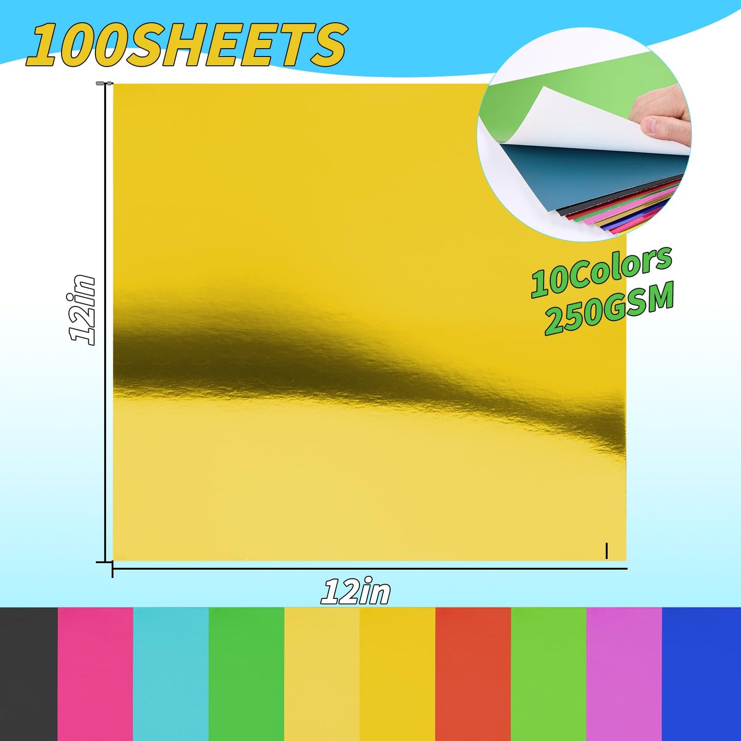 100 Sheets Metallic Mixed Cardstock Paper Bulk, Foil Paper Board 12" x 12", Mirror Finish Surface, Assorted Mixed Glitter Paper 250gsm for Crafting Card Making Invitations Decorations