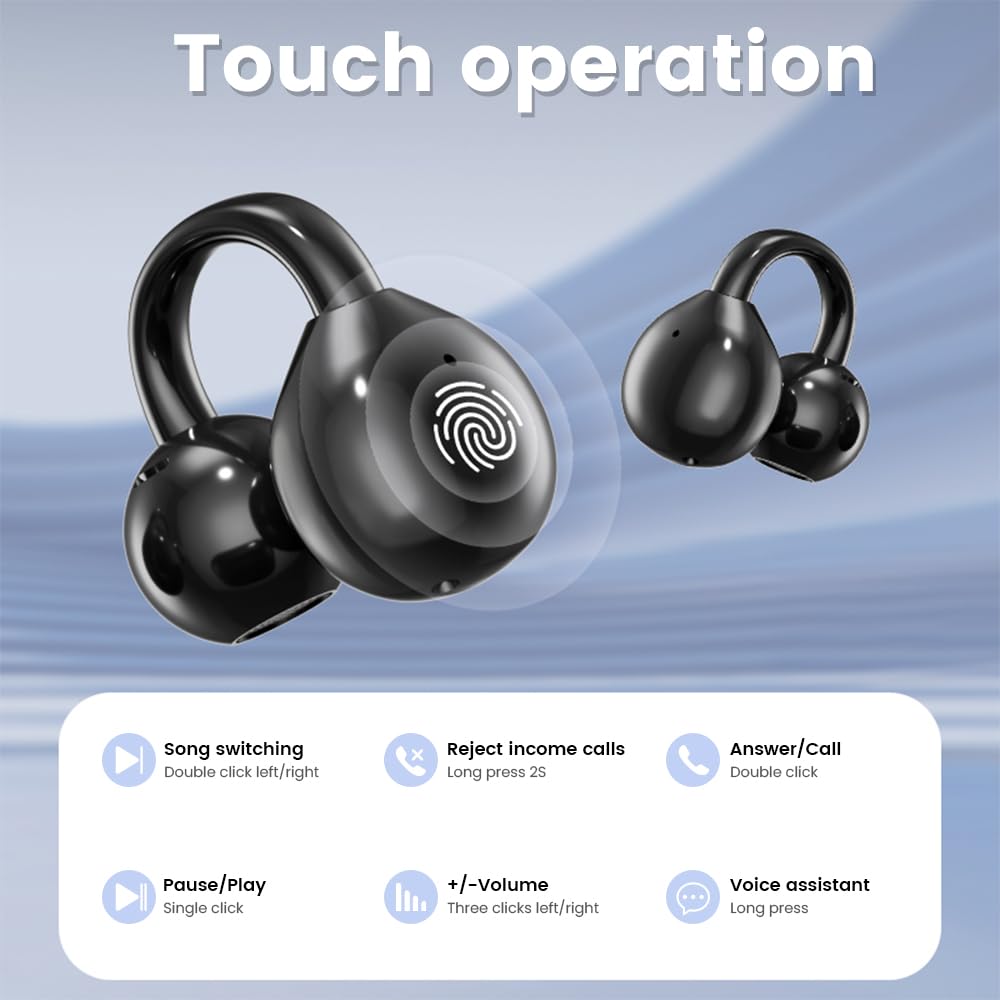 Piluyaa Clip-on Earbuds, Open Ear Earbuds with LCD Touchscreen Wireless Bluetooth 5.4, Lightweight M100 Open Ear Headphones with C-Shaped Bridge, Slim Hook,48H Battery, for Sports, Fitness (Pink)