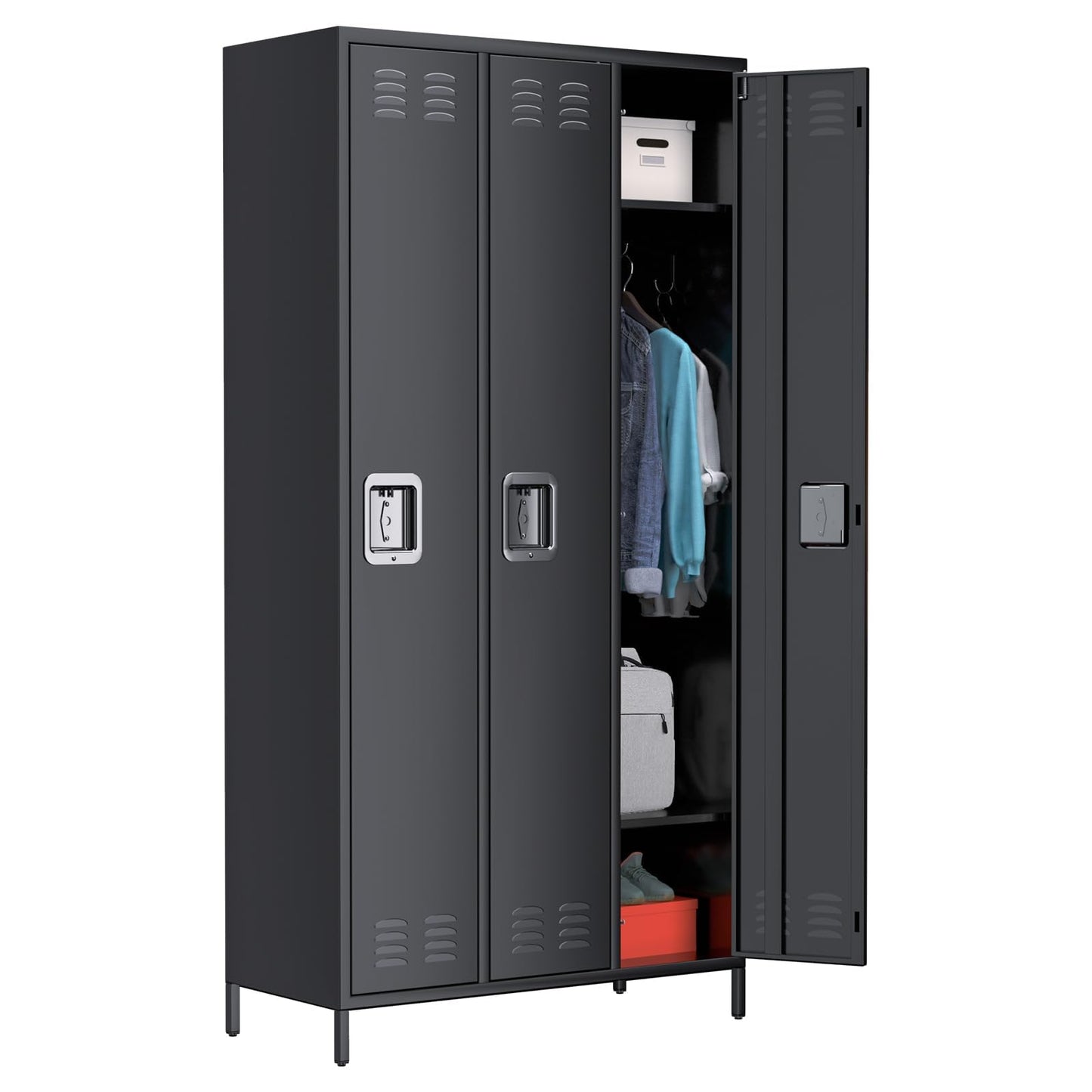 MERXENG Metal Storage Locker with 3 Doors, Metal Locker for Employees with 9 Hooks for Garage School Office Gym Home, Assembly Required, Black