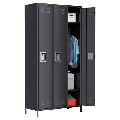 MERXENG Metal Storage Locker with 3 Doors, Metal Locker for Employees with 9 Hooks for Garage School Office Gym Home, Assembly Required, Black