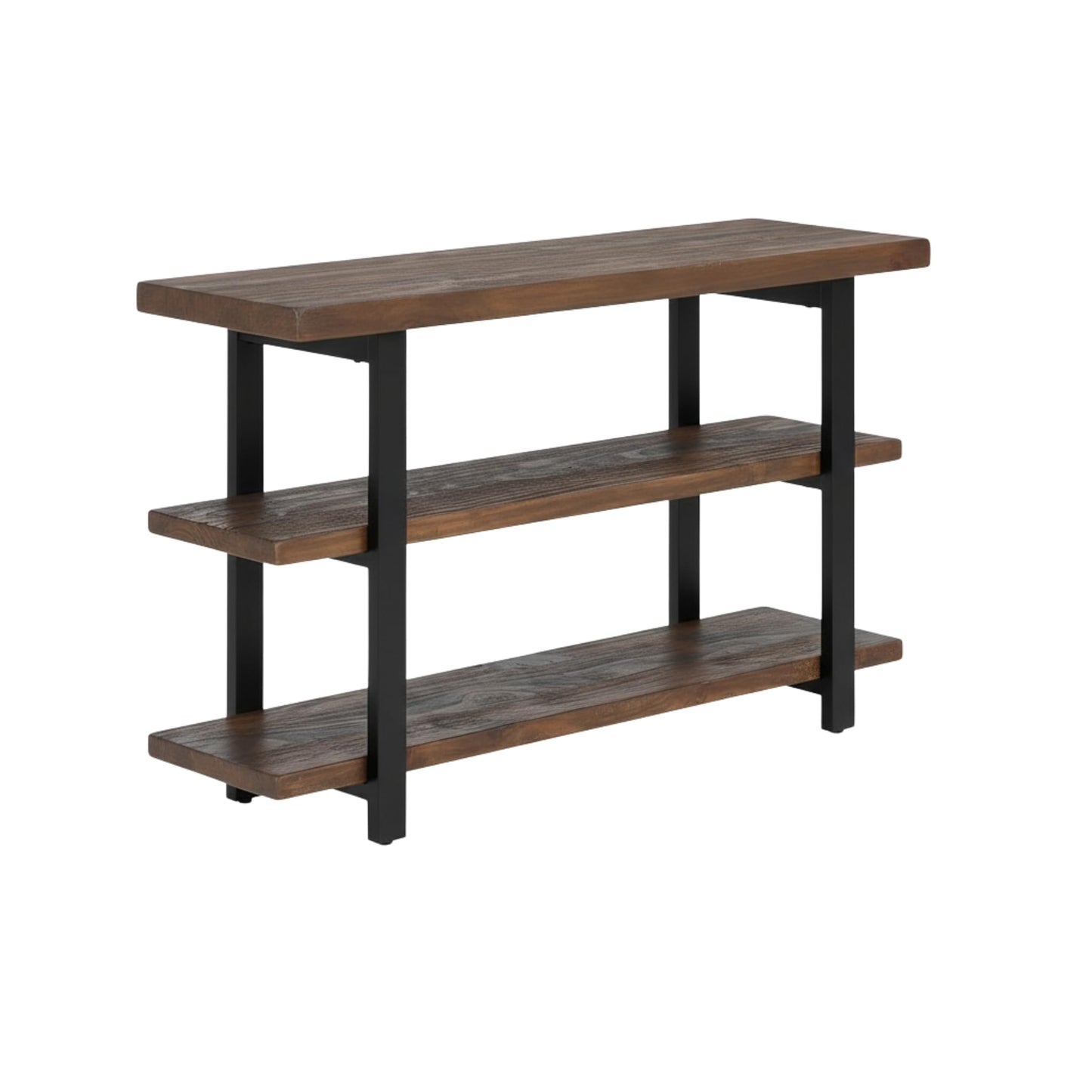 Alaterre Furniture Pomona 3-Tier Solid Wood Media Console Table with 2 Open Shelves and Metal Legs - Rustic Industrial Farmhouse TV Stand and Storage Console (Rustic Brown)