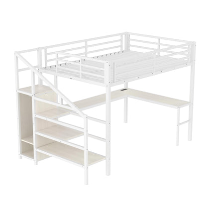 Bellemave Queen Loft Bed with Staircase and L Desk, Wardrobe, Metal Queen Loft Bed Frame for Adults, Kids, Teens, White Wood-Grain