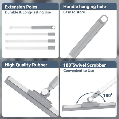 Floor Squeegee with 180° Rotating Head, Squeegee for Floor with 52'' Long Handle, Squeegee Broom, Squeegee for Window Cleaning, Bathroom Tile, Garage Concrete, Deck, Shower Glass (White)