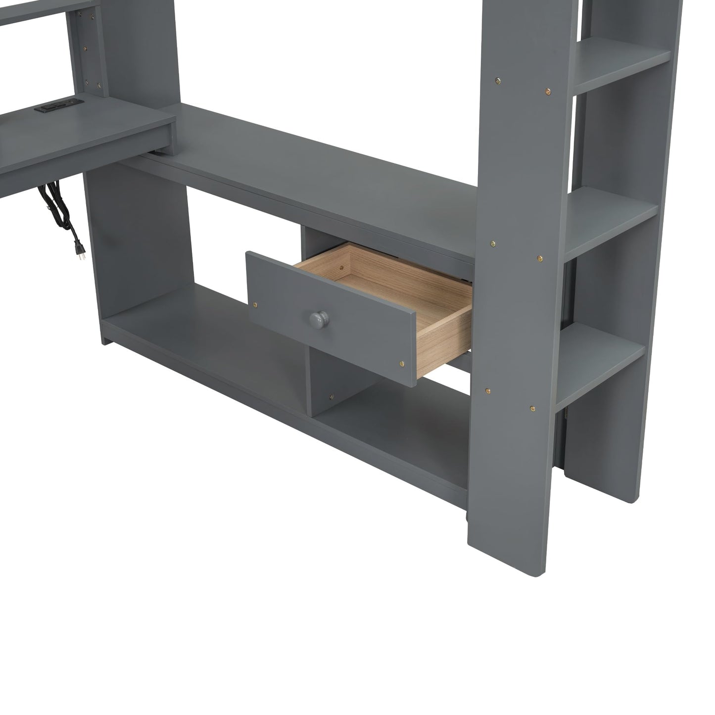 Merax Loft Bed Full Size with Gaming Desk, Mulfunctional Wood Loft Bed with Storage Shelves, Drawer and Charging Station, for Teens Adults (Dark Grey)