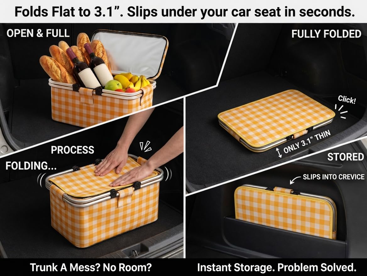 22L Collapsible Picnic Basket with Insulated Cooler, Includes Oversized 80"x80" Waterproof Blanket, Leakproof Aluminum Frame Market Grocery Tote for Family Camping, Beach & Outdoor Dates Yellow Plaid