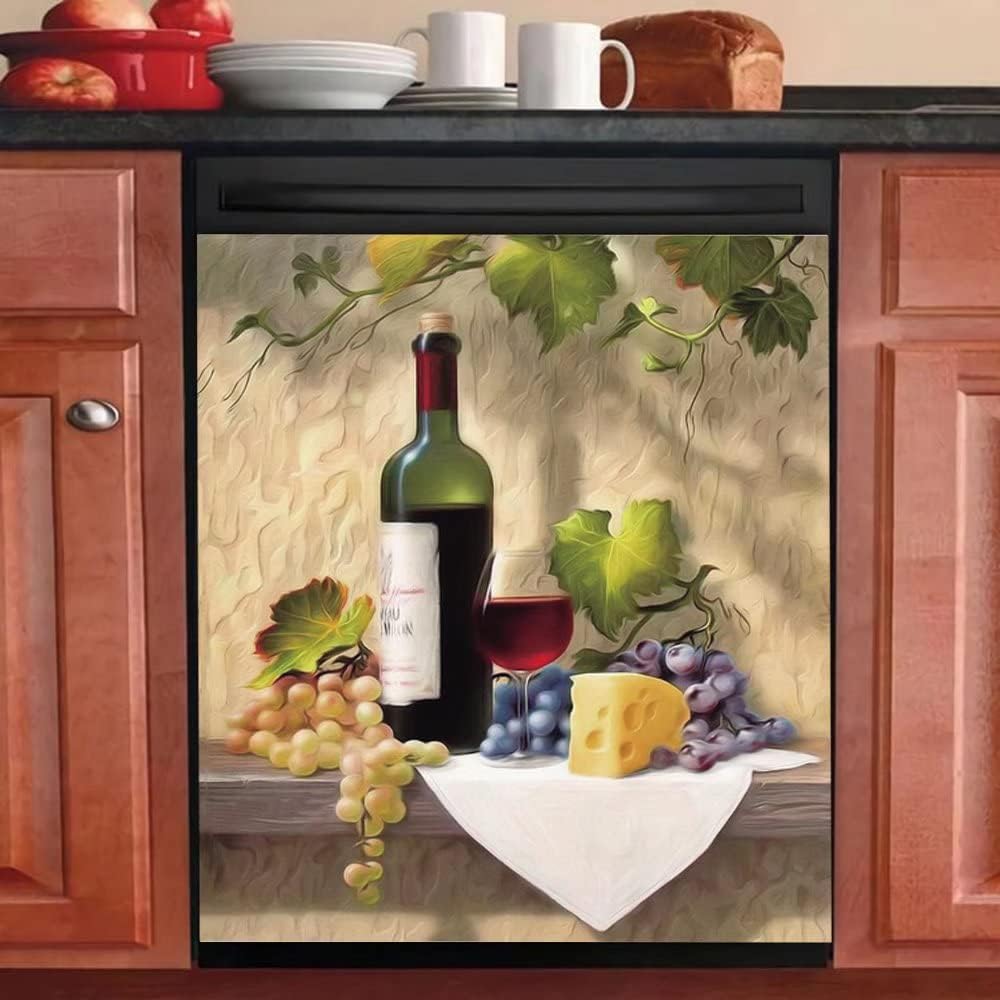 Wine Decor Magnetic Dishwasher Cover, Country Grape Fridge Sticker, Kitchen Decor Vinyl Magnet Panel Decal