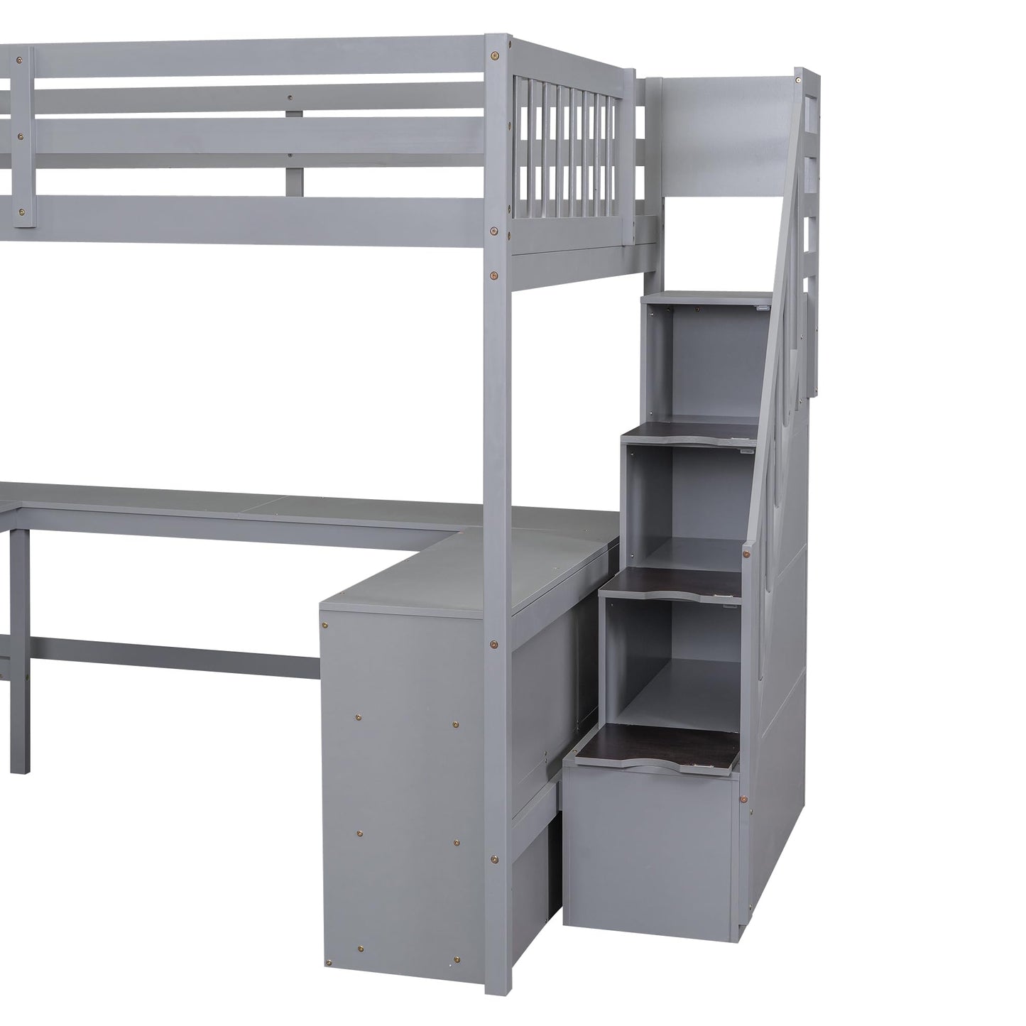 Ball & Cast Loft Bed Full Size with Built-in L-Shaped Desk and Three-Tier Storage Shelves,Wooden Bedframe w/Storager Staircase & Guardrails,Space Saving,Bedroom Furniture for Student Dorms,Gray