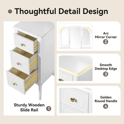 Merax Antique Vanity Desk with Triple Mirror, 46" Makeup Vanity Set with Cushioned Stool, Large Dressing Table with 6 Storage Drawers for Bedroom Dressing Room, White