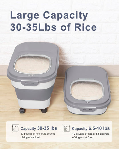DDMOMMY 20-30 Lbs Rice Storage Container,Collapsible Food Storage Containers with Rolling Wheel Airtight Locking Lid,Flour Storage Container with Cup and Scoop,Suitable for Food,Rice,Pet Food,Flour
