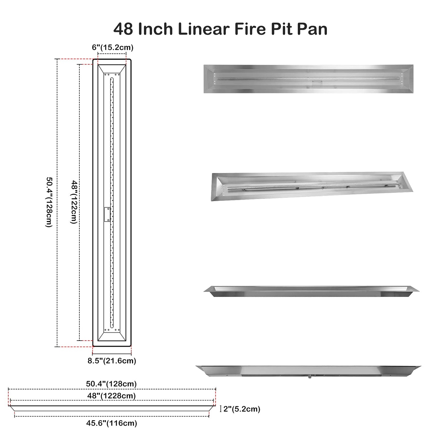 Stanbroil 48 x 6 Inch Stainless Steel Fire Pit Kits with Spark Ignition, Propane Gas Firepit Insert for Outdoor DIY Firepit Project - Propane Gas Version