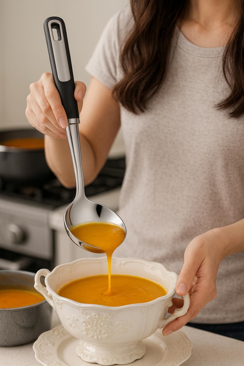 Stainless Steel Ladle and Pasta Server Set, Food-Grade Thickened Metal Soup Ladle & Spaghetti Spoon with Non-Slip Handles, Durable Cooking Utensils for Pasta, Soup & Everyday Kitchen Use