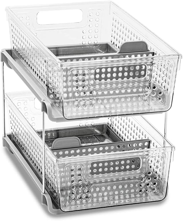 madesmart 2-Tier Multi-Purpose Slide-Out Storage Organizer with Handles and Dividers, BPA Free, Clear, Pack of 1