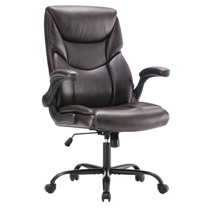 Sweetcrispy Ergonomic Computer Gaming Office Chair Set of 2, Heavy Duty Task Desk Swivel Rolling Chairs with Wheels, Flip-up Arms, Adjustable Height, PU Leather,Dark Brown