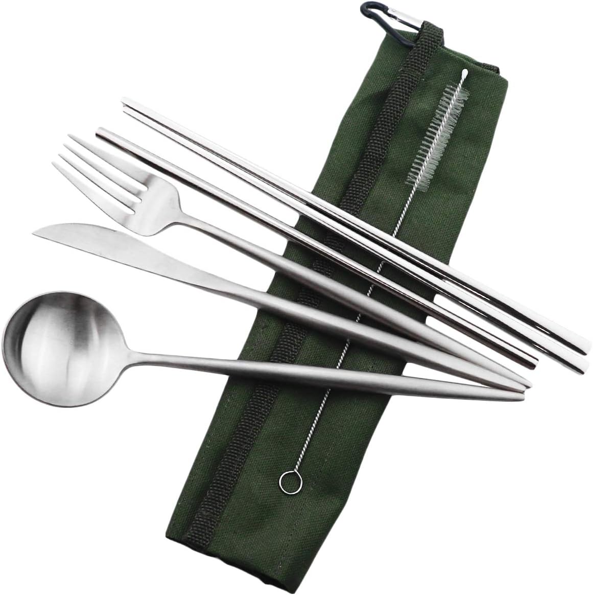 Reusable Travel Utensils Set - 7 Pieces Portable 18/10 Stainless Steel, Includes Knife, Fork, Spoon, Chopsticks,
