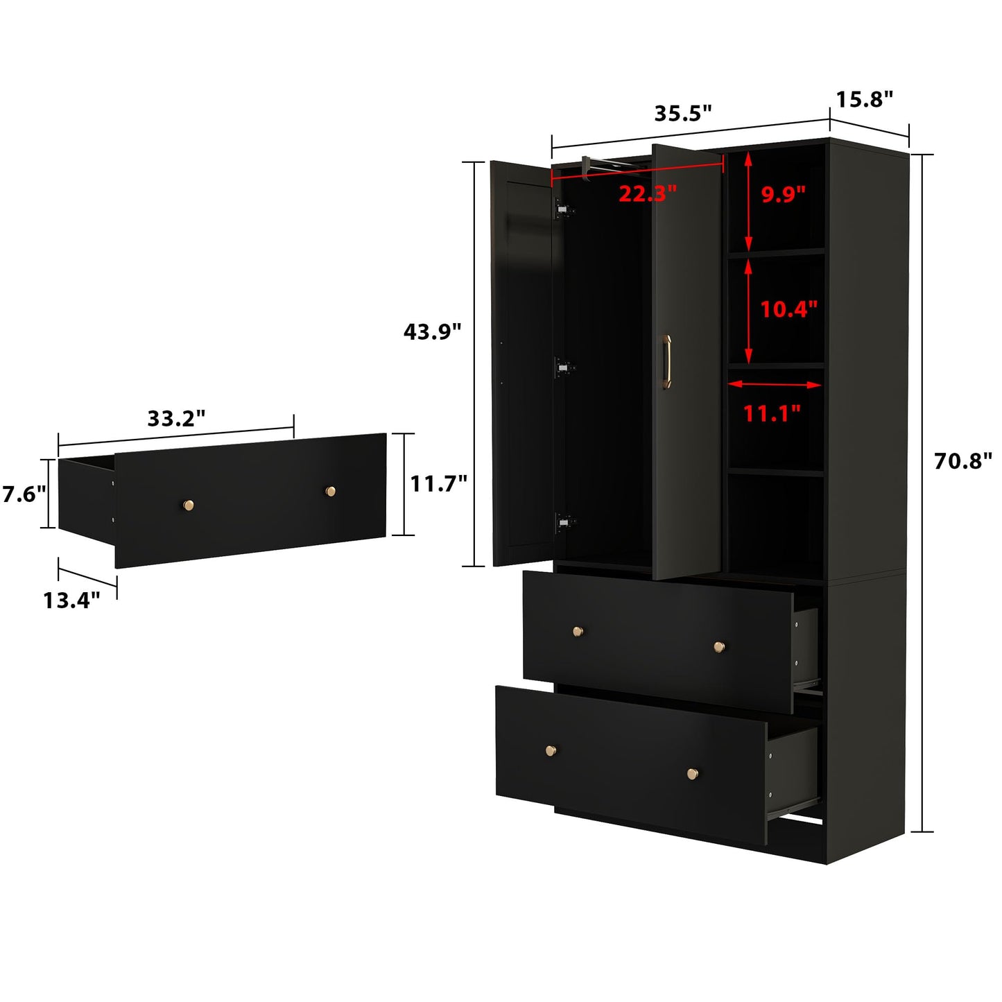 Homsee Wardrobe Armoire Wooden Closet with Mirror, 2 Doors, 2 Drawers, 4 Open Storage Cubes and Hanging Rod for Bedroom, Black (35.5”L x 15.8”W x 70.8”H)