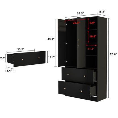 Homsee Wardrobe Armoire Wooden Closet with Mirror, 2 Doors, 2 Drawers, 4 Open Storage Cubes and Hanging Rod for Bedroom, Black (35.5”L x 15.8”W x 70.8”H)