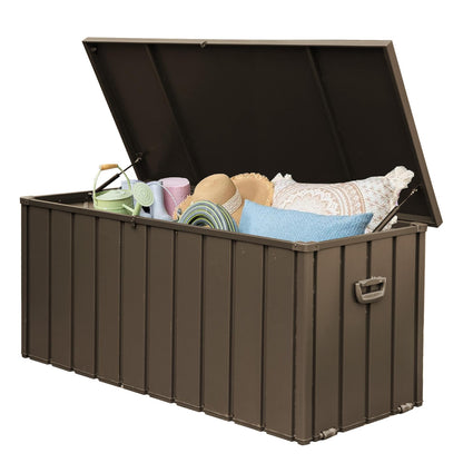 LANTRO JS 160 Gallon Metal Deck Box, Outdoor Storage Box Waterproof with Wheels, Lockable Storage Container for Patio Furniture Cushions Garden Tools, Dark Brown