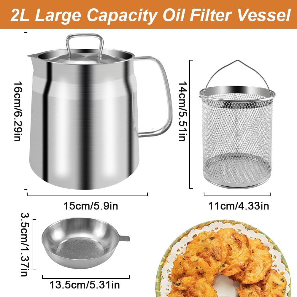 68oz Deep Fryer Pot with Basket and Oil Strainer, Abnaok 304 Stainless Steel Deep Frying Pot for French Fries, Chicken, or Japanese Tempura, Heavy Duty Bacon Grease Strainer