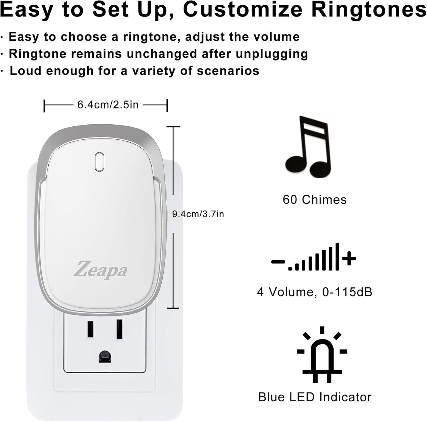 Wireless Doorbells, Plug-in, Battery Powered, Easy to Install, 1300 Ft Range, 60 Chime, LED Flash, Waterproof, Differentiate Various Doors, Silver, 2 Transmitter & 2 Receiver for Home, Office