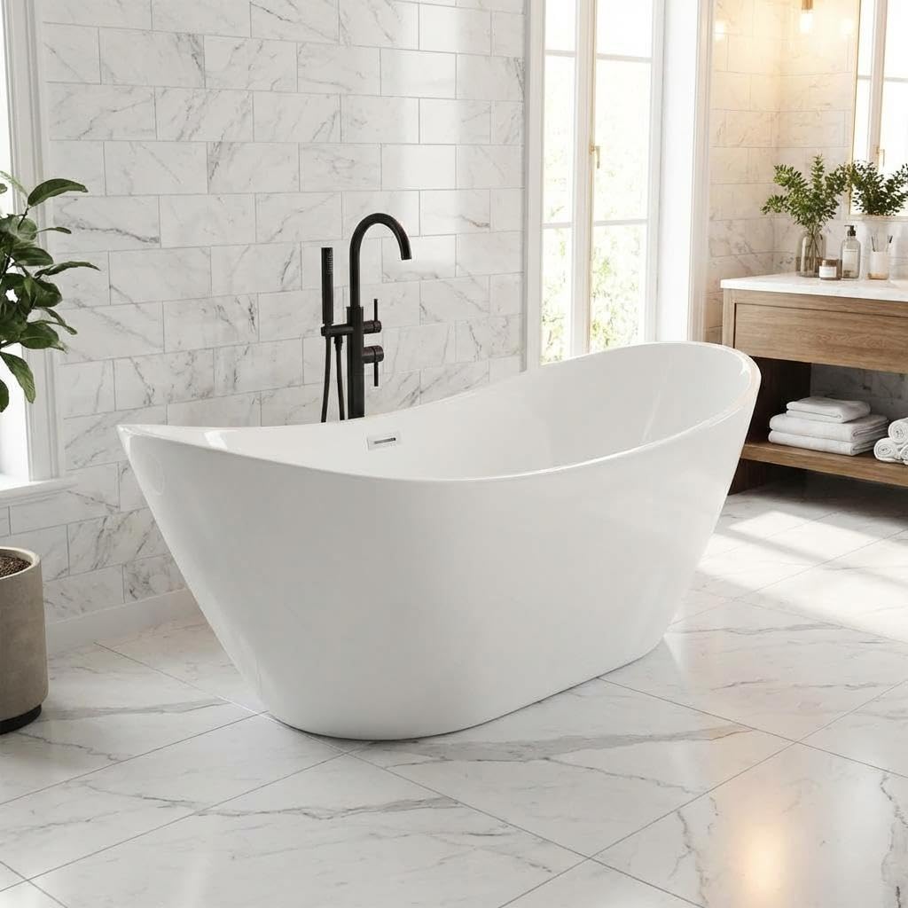 59" Acrylic Freestanding Bathtub with Chrome Drain Kit, Contemporary Square Soaking Tub with Overflow and Flexible PVC Drain Pipe, Double-Walled Insulation, CUPC Certified, Glossy White Finish