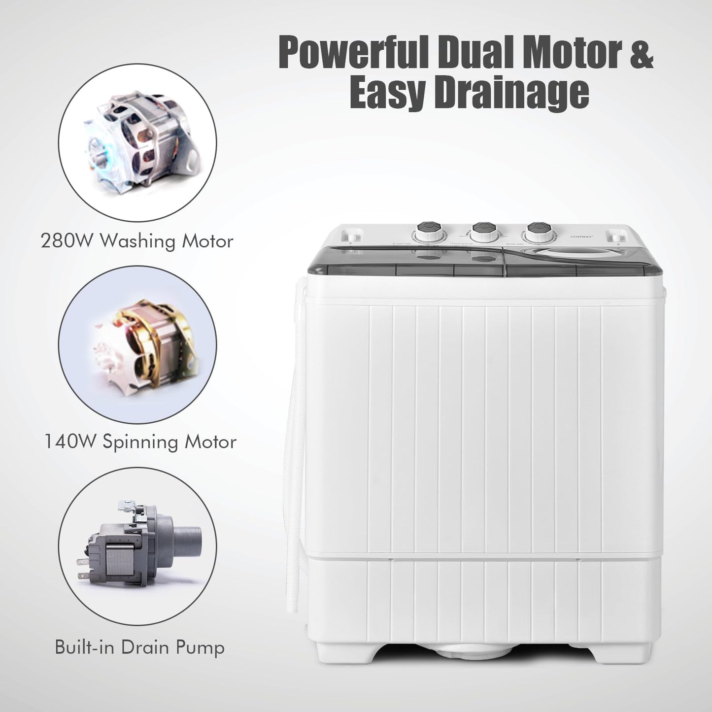 COSTWAY Portable Washing Machine, Twin Tub 26lbs Capacity Laundry, 18lbs Washer and 8lbs Spinner Combo with Timer Knobs, Built-in Drain Pump, Compact Washer for Home Dorm Apartment (Grey+White)