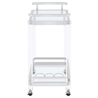 BOWERY HILL Bar Cart, Chrome Finish, Acrylic and Metal Frame with Glass Shelves, 35" H x 28.5" W x 17.25" D, Wine Bottle and Stemware Racks, Contemporary Style Serving Cart with Wheels