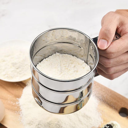 Flour Sifter Stainless Steel 3 Double Layer Fine Mesh Sifter Flour Strainer 3 in1 Sifters for Baking, Powdered Sugar Shaker Duster for Baking Cakes, Pastries, Pies, Cupcakes