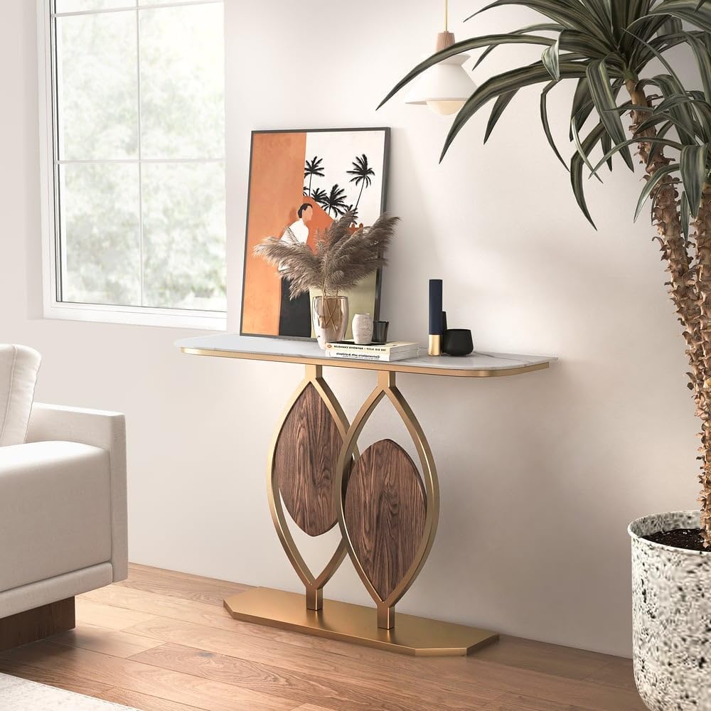 homary 39.4" Entryway Console Table with Sintered Stone Top, Modern Accent Table with Gold Metal Frame & Geometric Base for Entryway, Living Room & Hallway