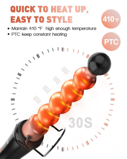 Long Barrel Curling Iron Wand Set, BESTOPE PRO 6 in 1 Curling Wand Set with Ceramic Barrel for Long/Medium Hair, 0.35"-1.25" Interchangeable Hair Wand Curler, Dual Volts, Include Glove & Clips - Black