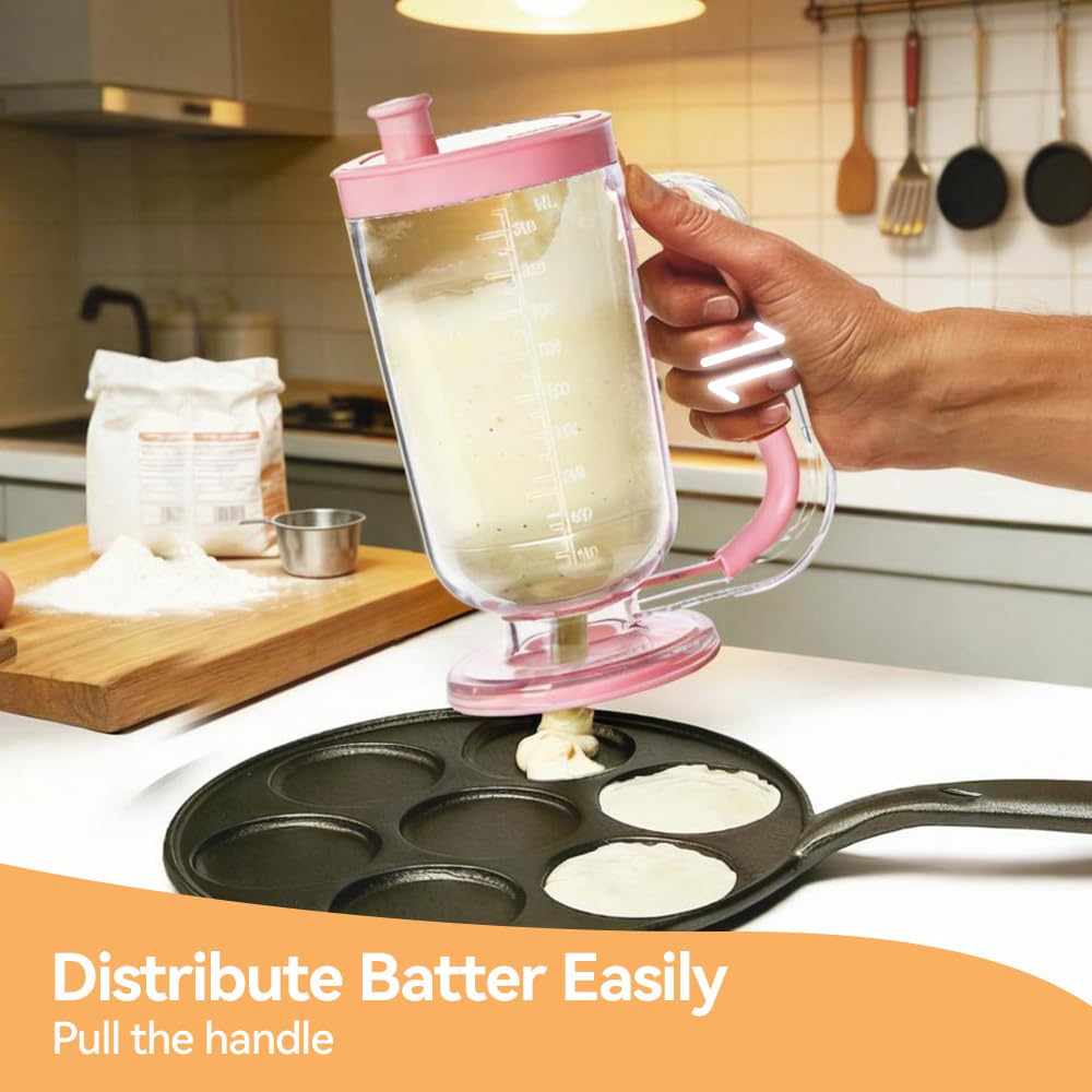 Pancake Batter Dispenser with Built-in Mixer Handle - No-Drip Handheld Funnel for Pancakes, Baking, Waffles, Cupcakes & Muffins - Easy Squeeze Baking Tool for Perfect Portions (Pink with Mixer)