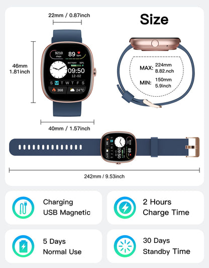 Fitness Tracker 2025 Ver. (Answer/Make Calls), 1.85" Smart Watch Fitness Watches for Women Men with 24/7 Heart Rate Blood Oxygen Monitor Sleep Tracker 100+ Sport Modes IP68 Waterproof (Blue)